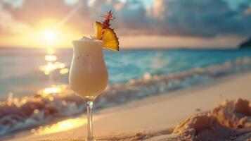 Pina Colada trinken mit verwischen Strand auf Hintergrund Pina Colada trinken foto