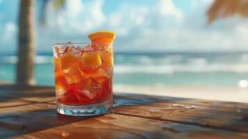 Obst Cocktail auf hölzern Tabelle mit Strand Hintergrund. foto
