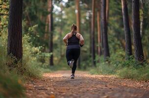 ai generiert Übergewicht Teenager Joggen im Wald foto