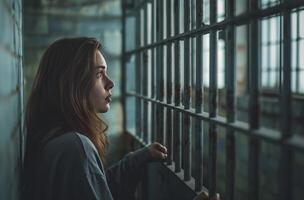 ai generiert Frau im ein Gefängnis Zelle foto