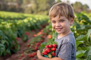 Junge halten Erdbeeren foto