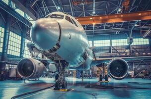 Flugzeug Instandhaltung im industriell Halle foto