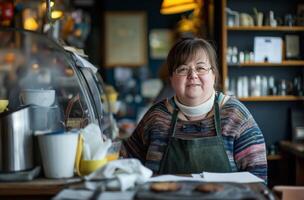 Cafe Arbeiter mit Nieder Syndrom foto