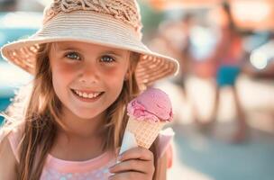 Mädchen mit Eis Sahne draußen foto