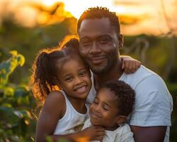 ai generiert Familie Einheit Thema mit froh Kinder und Vater zum Vaters Tag Urlaub foto