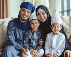 ai generiert glücklich Muslim Familie zusammen beim Zuhause foto