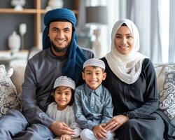 ai generiert glücklich Muslim Familie zusammen beim Zuhause foto