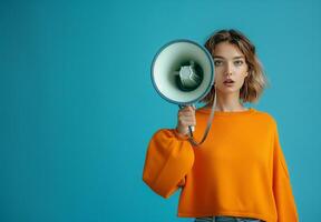 Geschäft und Marketing Thema mit Frau und Megaphon Lautsprecher zum Ankündigungen und Förderung. foto