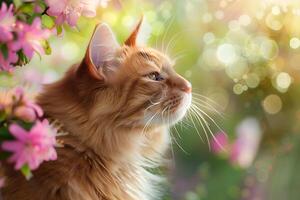 Katze Haustier auf ein sonnig Tag im Natur gegen ein Hintergrund von Blumen foto