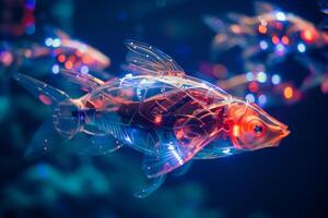 futuristisch Fisch Roboter kontrolliert durch ai Intelligenz im Natur unter Wasser foto