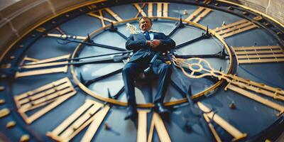 Mann mit ein Uhr Konzept zum Geschäft, Marketing und Zeit Verwaltung von ein erfolgreich Mann foto