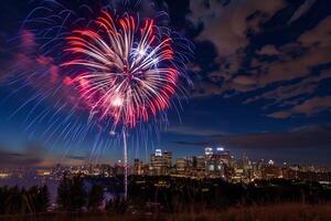 festlich Feuerwerk im das Nacht Himmel beim ein Feier Veranstaltung im Ehre von ein Jahrestag oder Neu Jahr foto