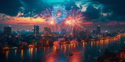 festlich Feuerwerk im das Nacht Himmel beim ein Feier Veranstaltung im Ehre von ein Jahrestag oder Neu Jahr foto