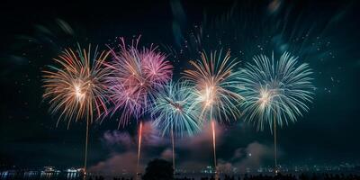 festlich Feuerwerk im das Nacht Himmel beim ein Feier Veranstaltung im Ehre von ein Jahrestag oder Neu Jahr foto