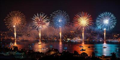 festlich Feuerwerk im das Nacht Himmel beim ein Feier Veranstaltung im Ehre von ein Jahrestag oder Neu Jahr foto