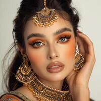 ein östlichen Mädchen mit fesselnd Augen im traditionell orientalisch Kleidung foto