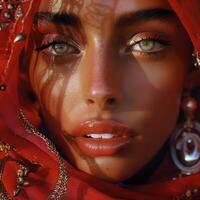 ein östlichen Mädchen mit fesselnd Augen im traditionell orientalisch Kleidung foto