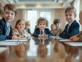 Kinder einnehmend im Geschäft Aktivitäten, präsentieren unternehmerisch Kompetenzen beim ein jung Alter. foto