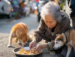 Alten Frauen Bereitstellung Nahrung zu streunend Katzen, illustrieren Empathie und Gesellschaft inmitten Einsamkeit foto