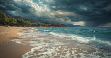 weiter Winkel Landschaft Foto mit ein Strand mit abstürzen Wellen und dramatisch Himmel