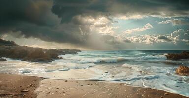 weiter Winkel Landschaft Foto mit ein Strand mit abstürzen Wellen und dramatisch Himmel