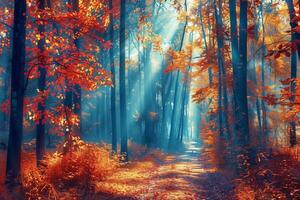 Foto von ein Märchen Landschaft mit Sonnenlicht Streaming durch das Wald