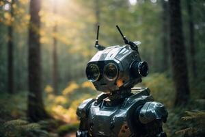 ein Roboter Stehen im das Mitte von ein Wald foto