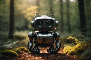 ein Roboter Stehen im das Mitte von ein Wald foto