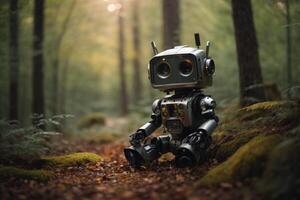 ein Roboter Stehen im das Mitte von ein Wald foto