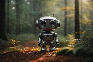 ein Roboter Stehen im das Mitte von ein Wald foto