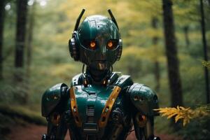 ein Roboter Stehen im das Wald foto