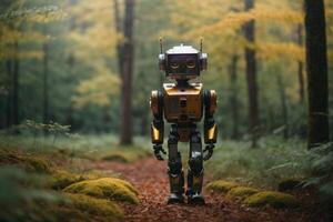 ein Roboter Stehen im das Wald foto