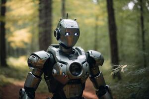 ein Roboter Stehen im das Wald foto