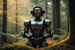 ein Roboter Stehen im das Wald foto