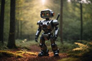 ein Roboter Stehen im das Wald foto