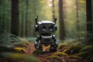 ein Roboter Stehen im das Wald foto