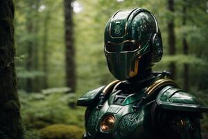 ein Roboter Stehen im das Mitte von ein Wald foto