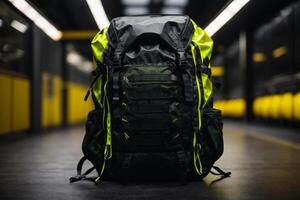 ein Rucksack mit ein Gelb und schwarz Farbe planen foto