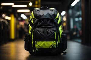 ein Rucksack mit ein Gelb und schwarz Farbe planen foto