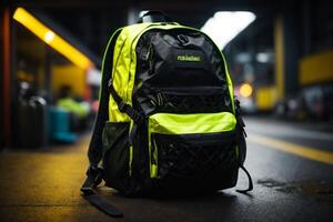 ein Rucksack mit ein Gelb und schwarz Farbe planen foto