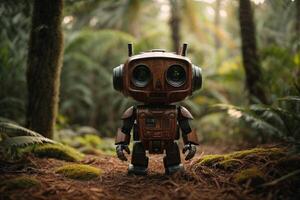 ein Roboter Stehen im das Mitte von ein Wald foto