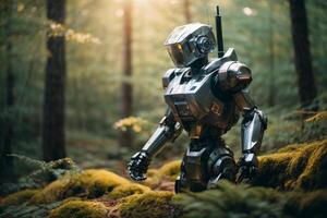 ein Roboter Stehen im das Mitte von ein Wald foto