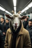 ein Ziege tragen ein Kapuzenpullover auf ein U-Bahn Zug foto