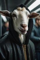 ein Ziege tragen ein Kapuzenpullover auf ein U-Bahn Zug foto