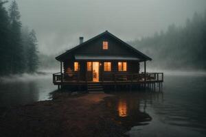 ein klein Kabine sitzt auf das Kante von ein See foto