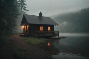 ein klein Kabine sitzt auf das Kante von ein See foto