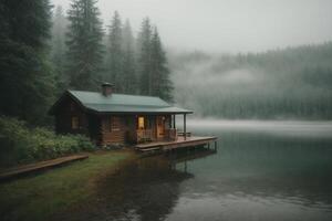 ein Kabine sitzt auf das Ufer von ein See im das Nebel foto