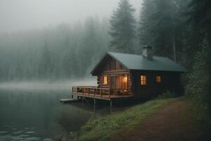 ein Kabine sitzt auf das Ufer von ein See im das Nebel foto