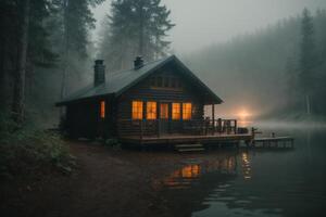 ein Kabine sitzt auf das Ufer von ein See im das Nebel foto