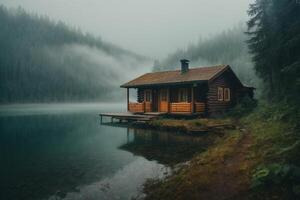 ein Kabine sitzt auf das Ufer von ein See im das Nebel foto
